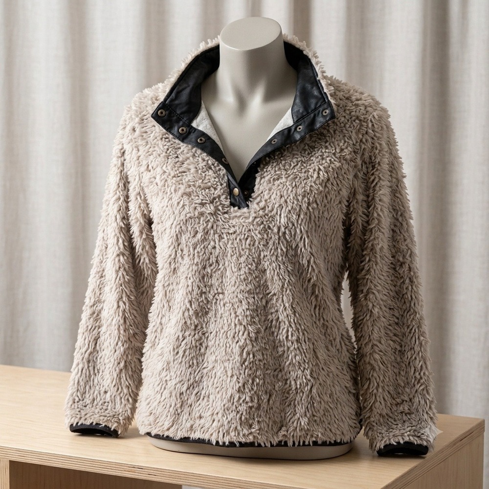 Dylan by True Grit Oatmeal Shaggy Faux Fur Snap Neck Pullover Fleece Large